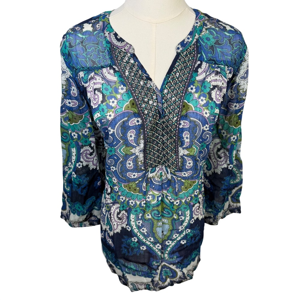 Bila Boho Sheer Top Blue Paisley Sequin Peasant Artsy Colorful Lightweight XL
